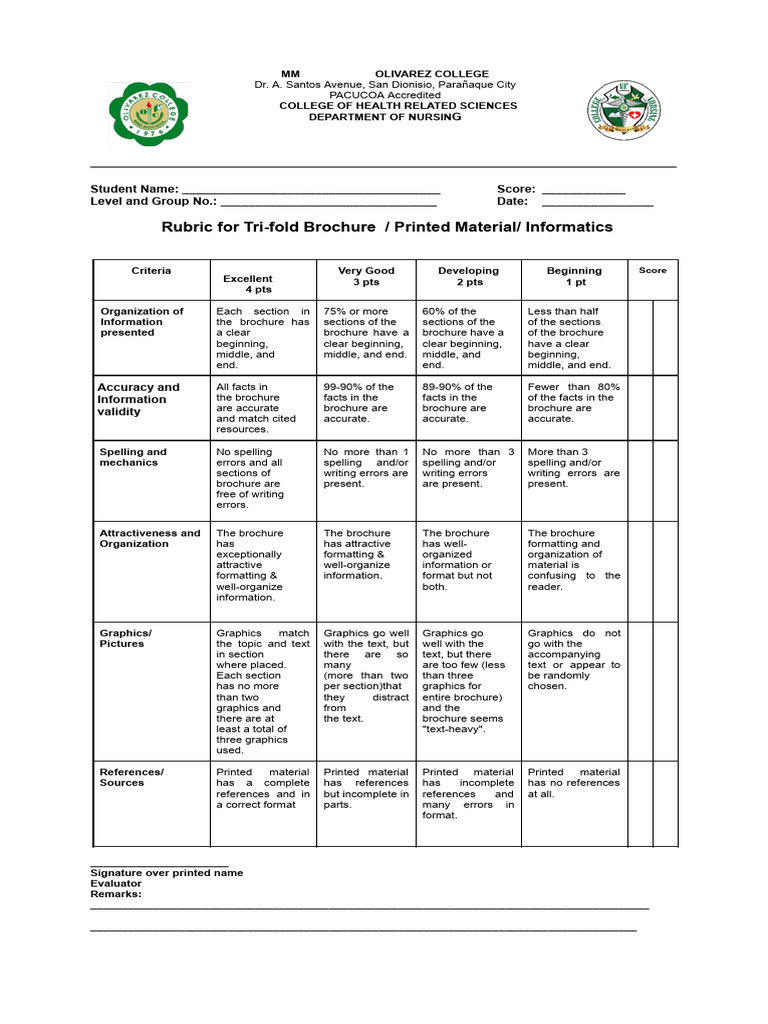 Rubric for Tri-fold Brochure - Printed Material | PDF