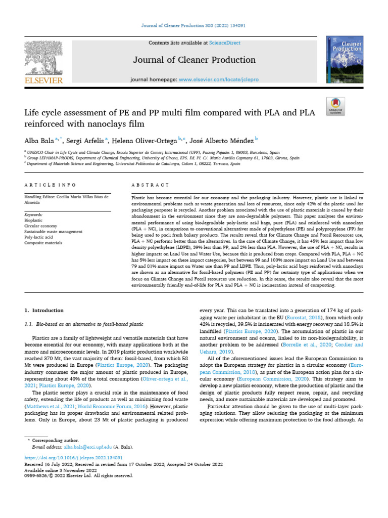 1 s2.0 S095965262204464X Main | PDF | Plastic | Life Cycle Assessment