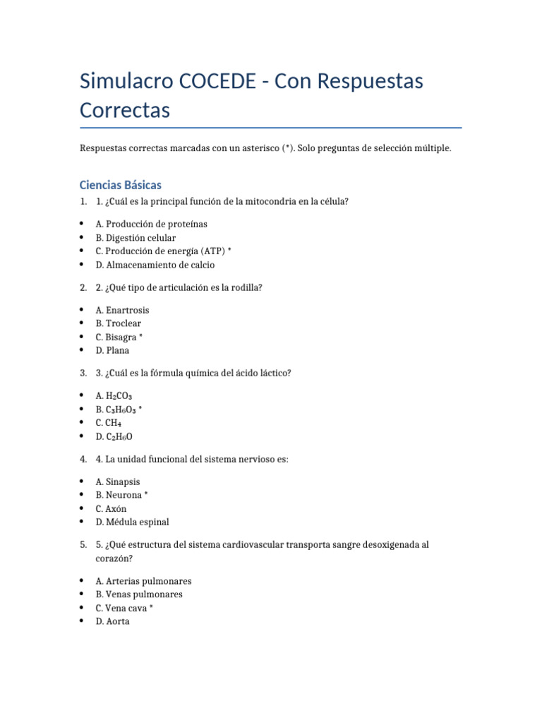 Simulacro_COCEDE_Respuestas | PDF | Vena | Metabolismo