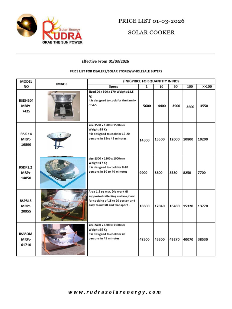 SOLAR COOKER PRICT LIST 2026 | PDF