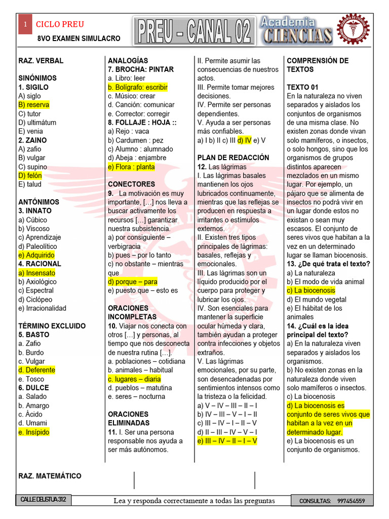 Examen Preu c2 Octava Semana Claves | PDF | Perú