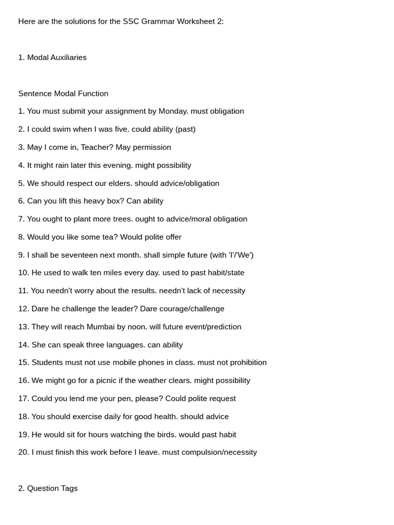 Ssc Grammar Worksheet 2 Solutions | PDF