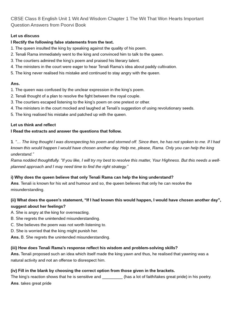 CBSE Class 8 English Unit 1 Wit and Wisdom Chapter 1 The Wit That Won ...