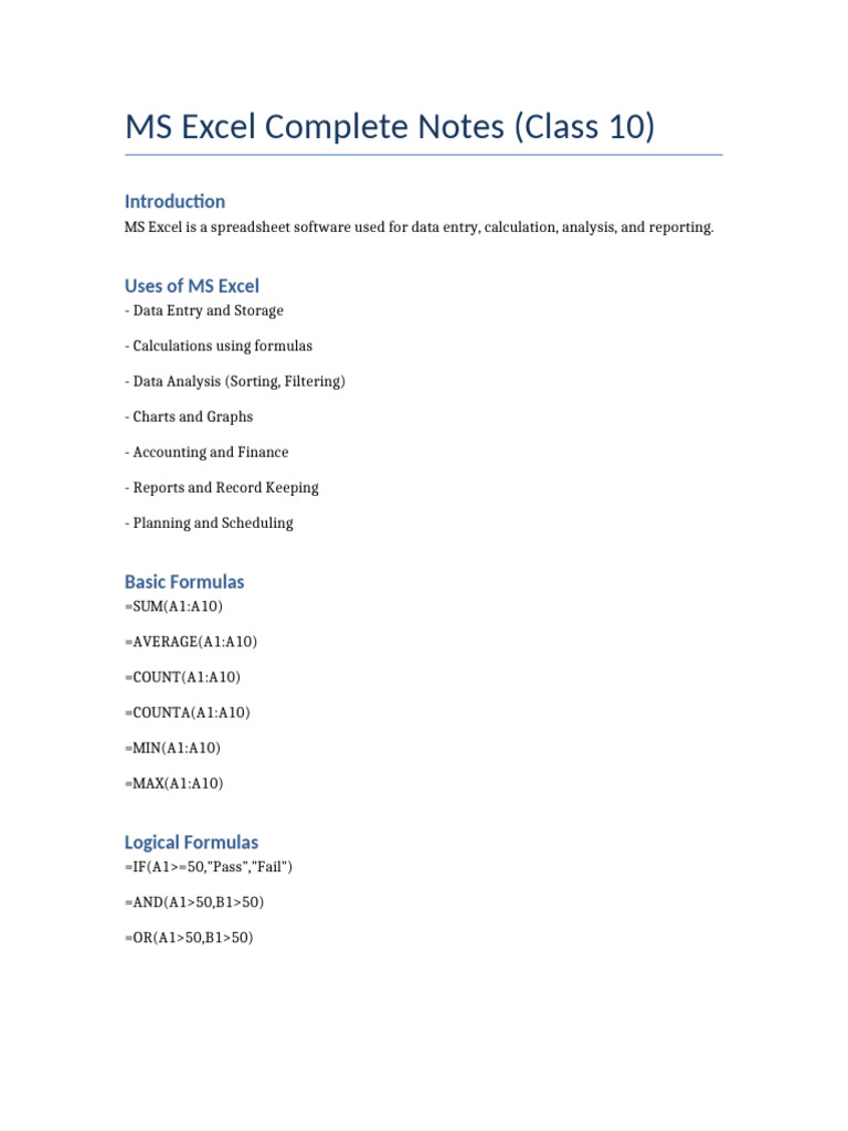 MS Excel Complete Notes | PDF