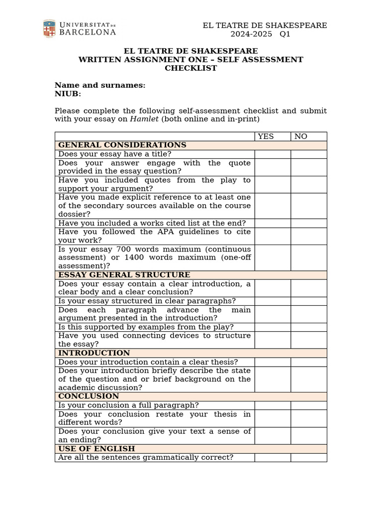 Self Assessment Checklist | PDF