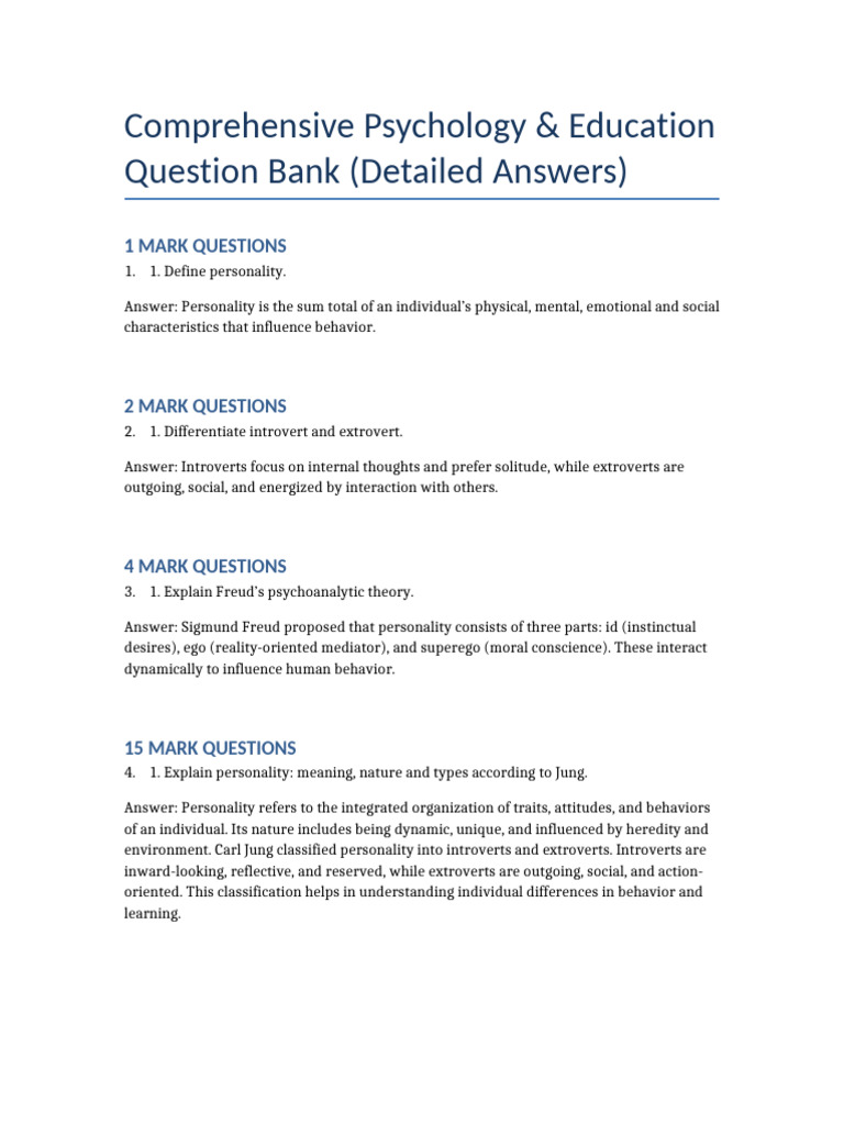 Complete Detailed Question Bank | PDF | Extraversion And Introversion ...