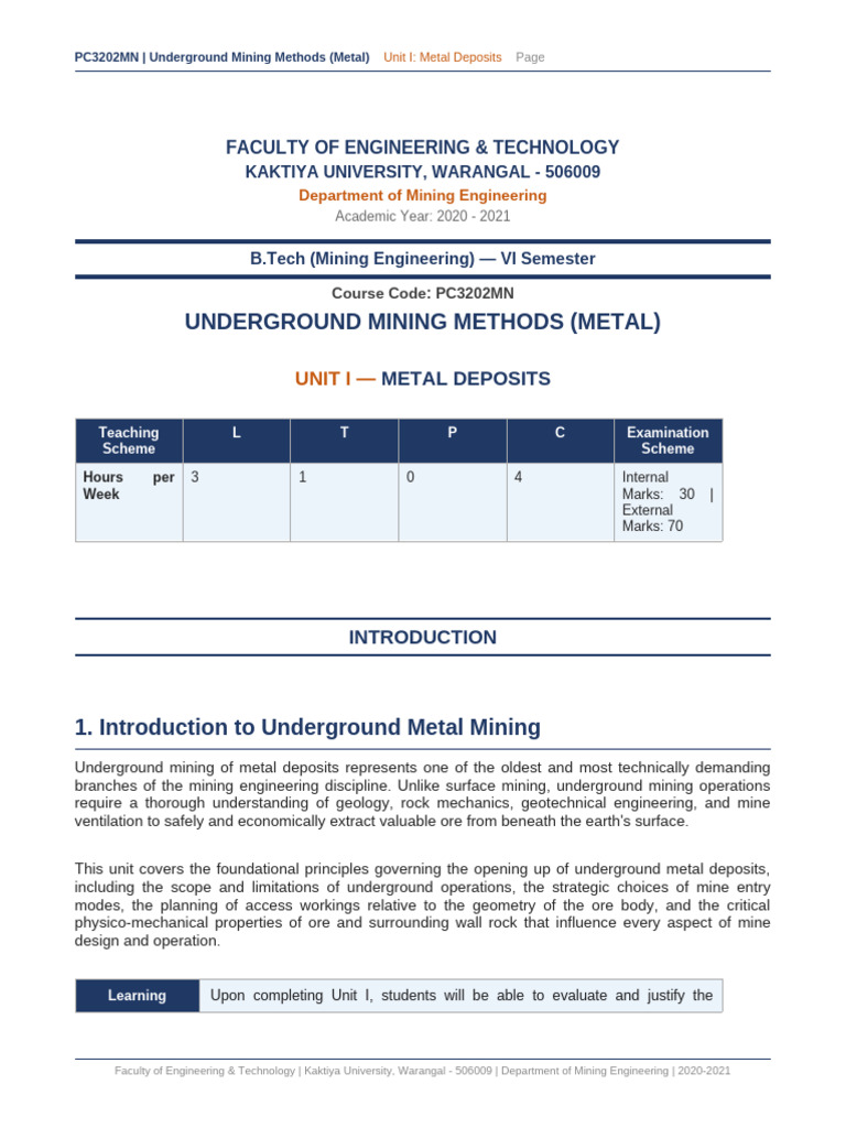 Unit I Metal Deposits Underground Mining | PDF