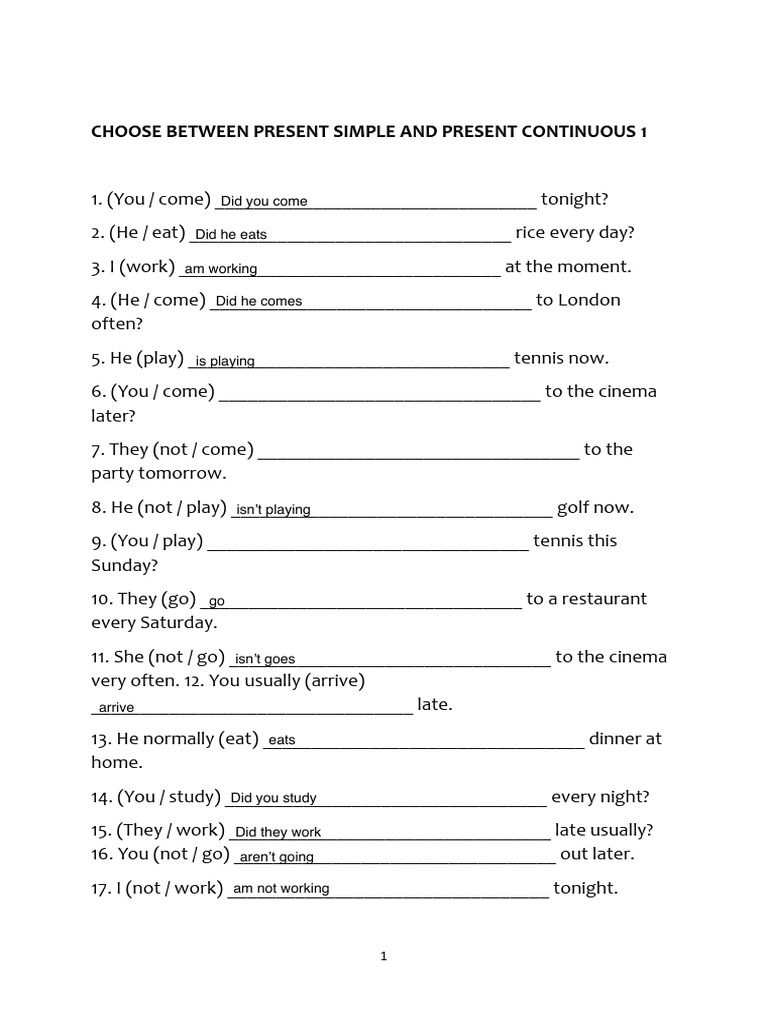 Choose Between Present Simple and Present Continuous 1 | PDF