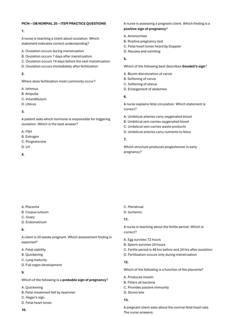 MCN – OB NORMAL 25 – ITEM PRACTICE QUESTIONS | PDF | Menstrual Cycle ...