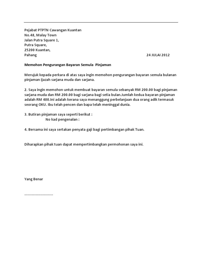 Surat Rayuan Pengurangan Bayaran Ptptn Pdf