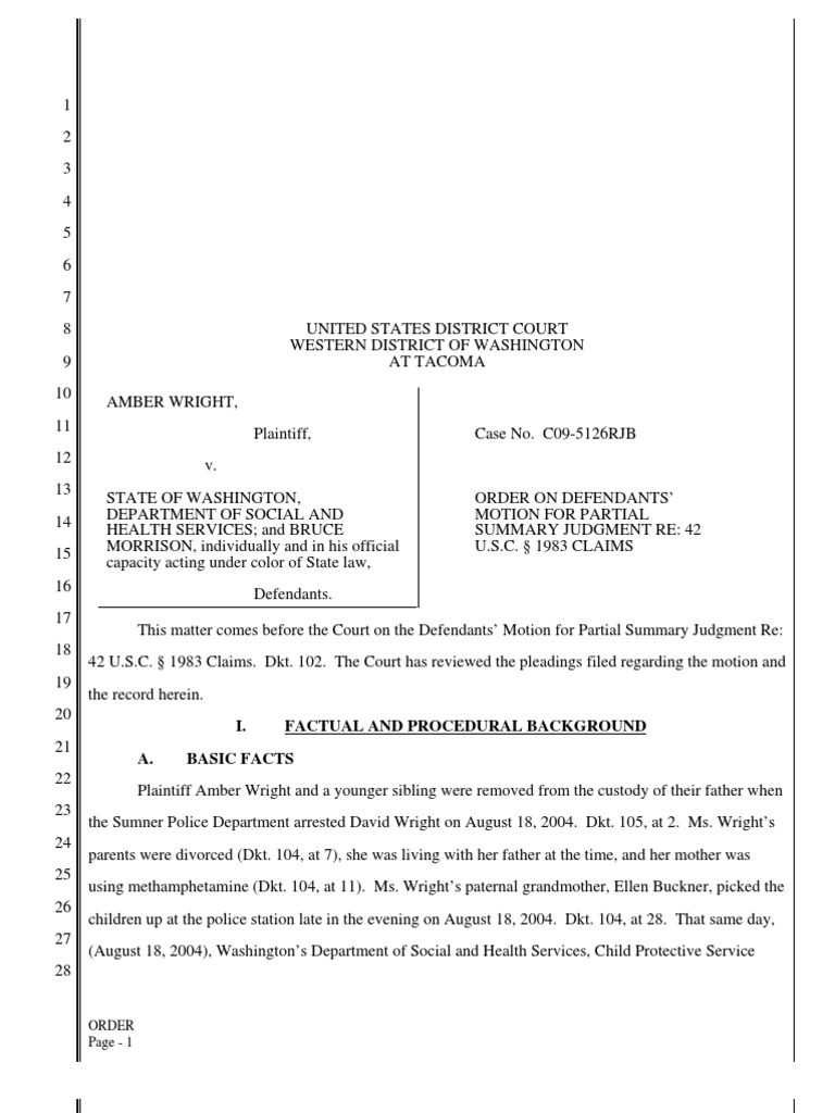 Amber Wright V Washington DSHS, Order On Defendant's Motion Summary Judgement Download Free