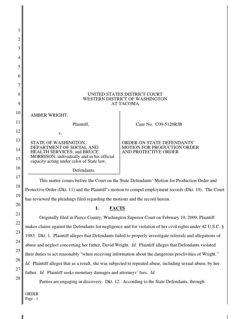 Amber Wright v Washington, Order State Defendant's Motion for