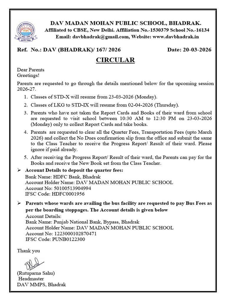 DAV MMPS - 167 Circular For New Session | PDF