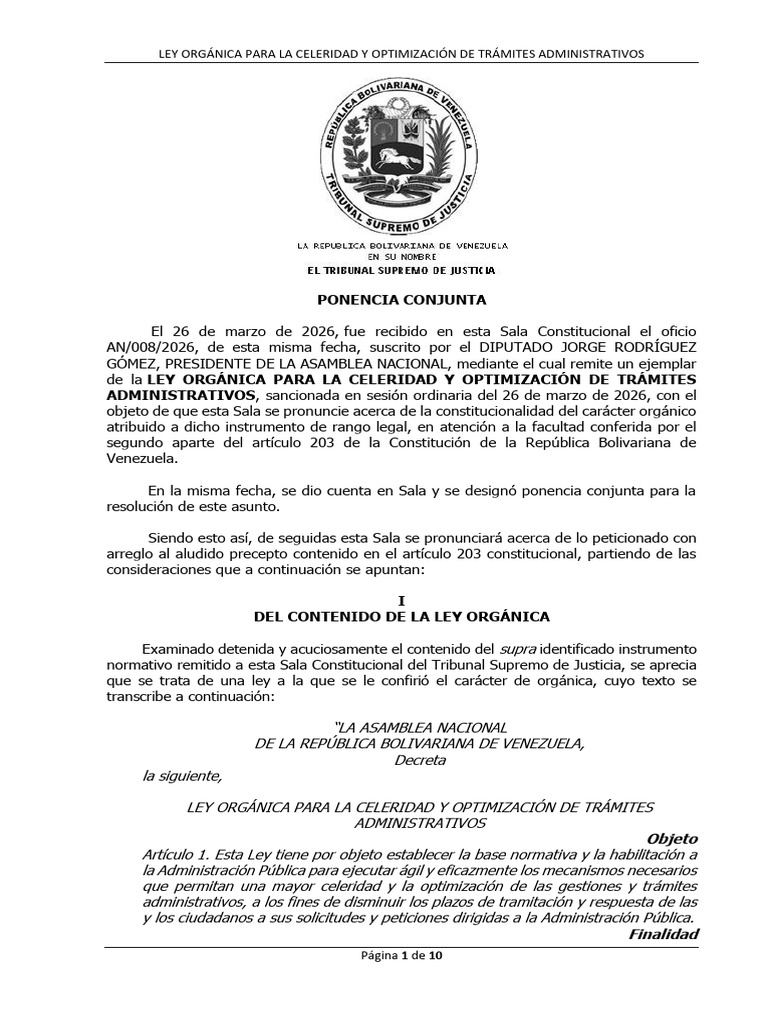 Ley Orgánica para La Celeridad y Optimización de Los Trámites ...
