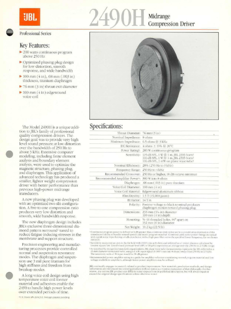 JBL - 2490H - Midrange Compression Driver - Depliant (1994) (English ...