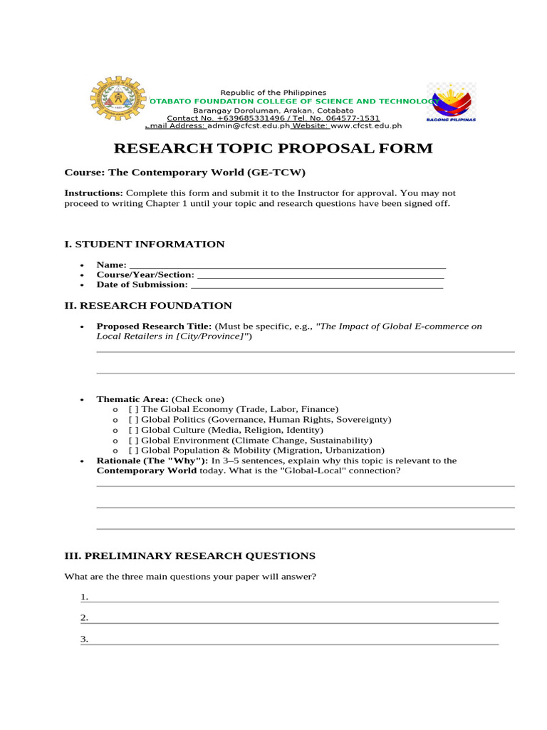 Research Topic Proposal Form | PDF