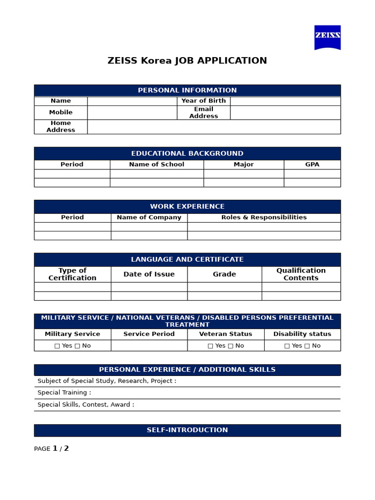 Zeiss Korea Job Application (Eng) | PDF