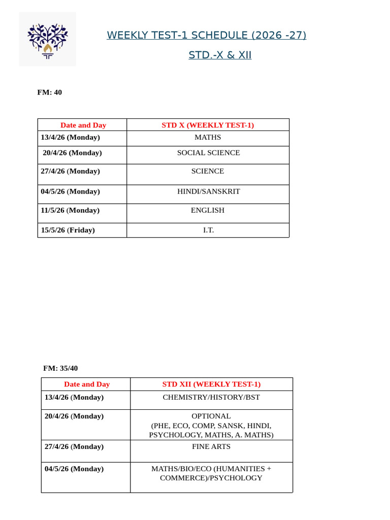 Std- x & Xii Weekly Test-1 Schedule (2026-27) | PDF
