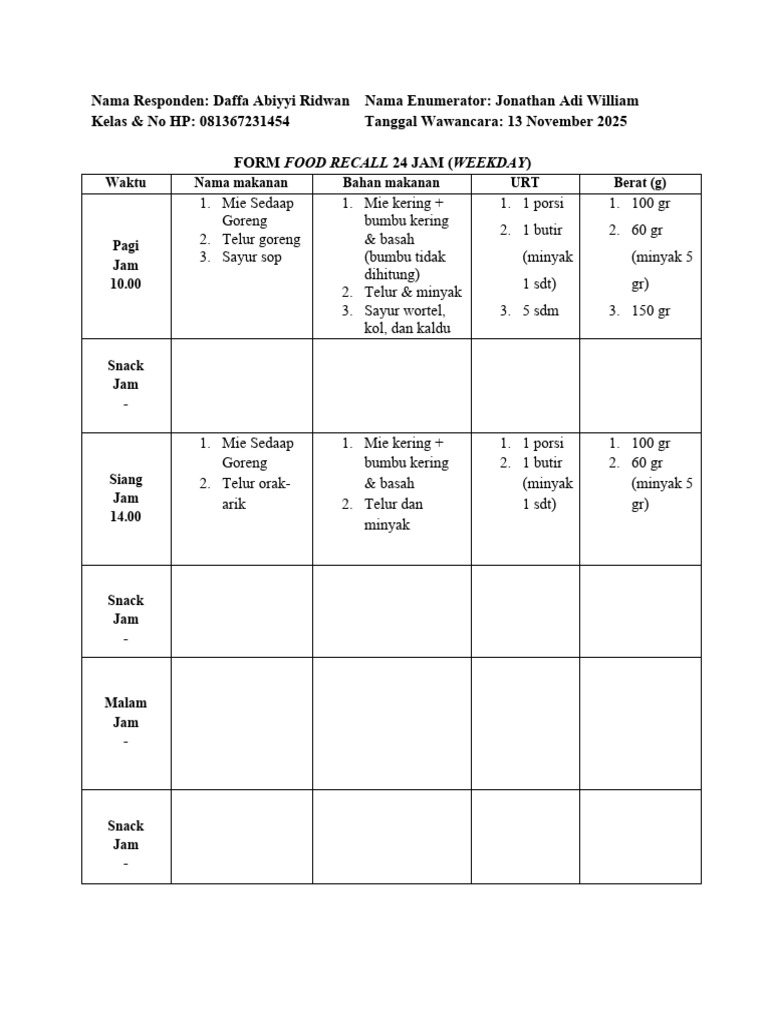 Form Food Recall 24 Jam[1] | PDF