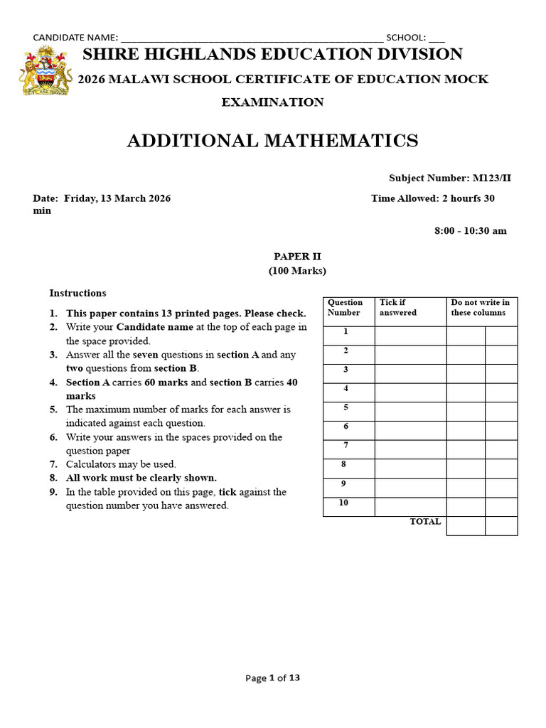 2026_Add-Maths_P1. Sheed | PDF | Force | Physics