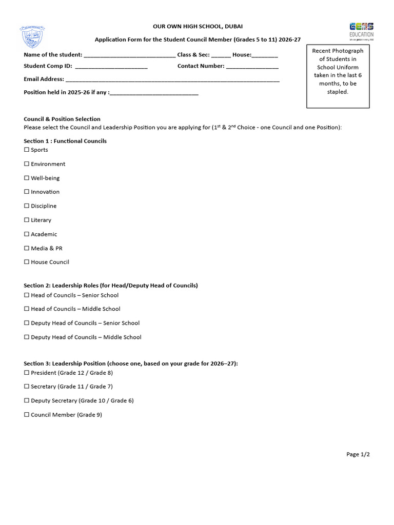 Prefect Selection Form-2026 | PDF