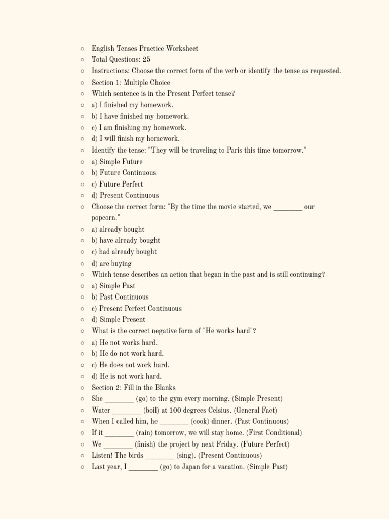 Tenses Practise Worksheet 25 Questions | PDF | Linguistics | Semantics