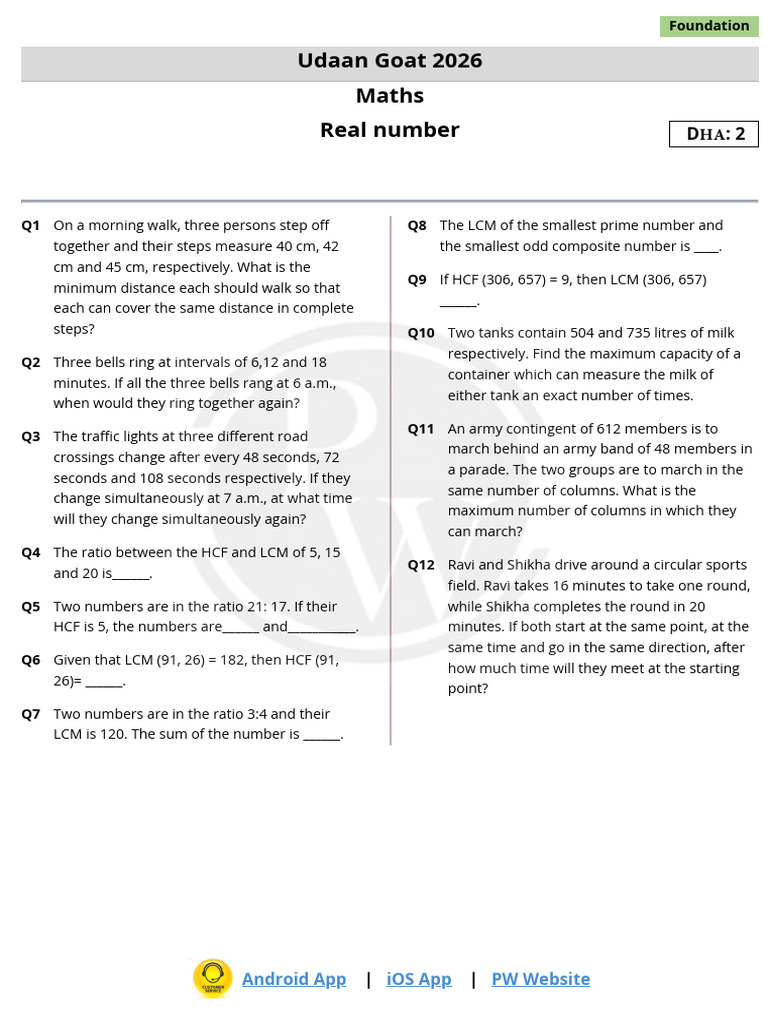 Real Numbers DHA 02 Udaan Goat 2026 (2) | PDF | Elementary Mathematics ...