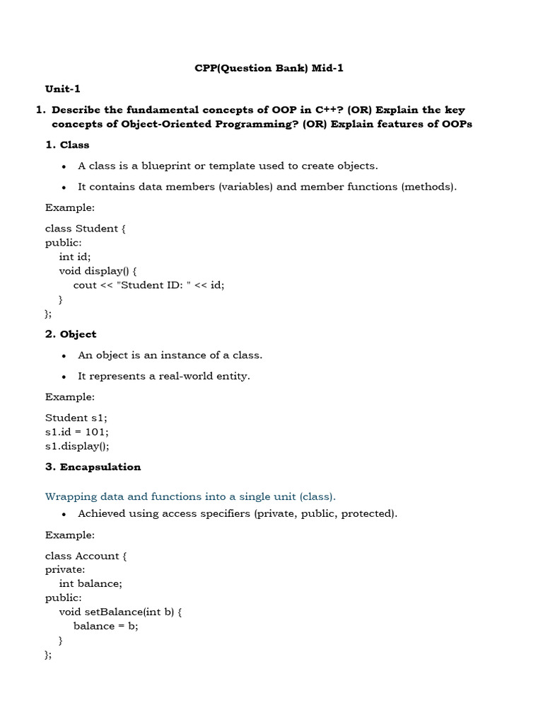 CPP QB mid1 | PDF | Method (Computer Programming) | Pointer (Computer ...