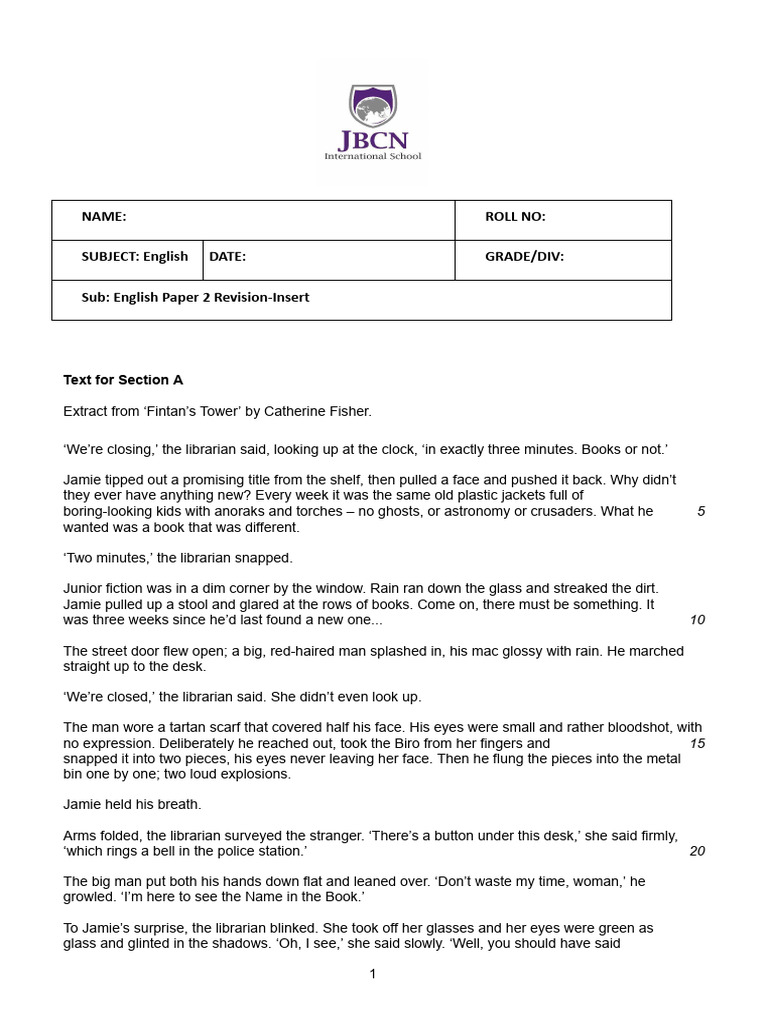 Grade 8 Ekam English F Revision Paper 2 Insert | PDF
