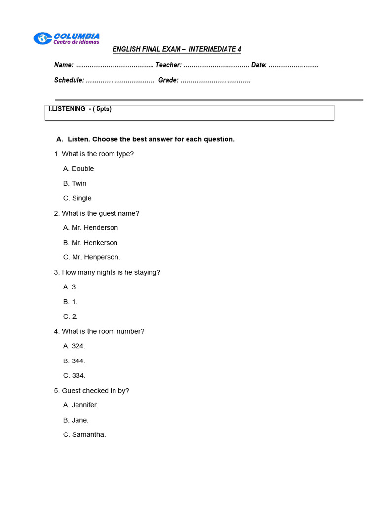Intermediate 4 - Final Exam | PDF | Peru | Lima