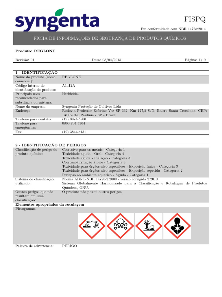 Reglone 1 | PDF | Toxicidade | Temperatura