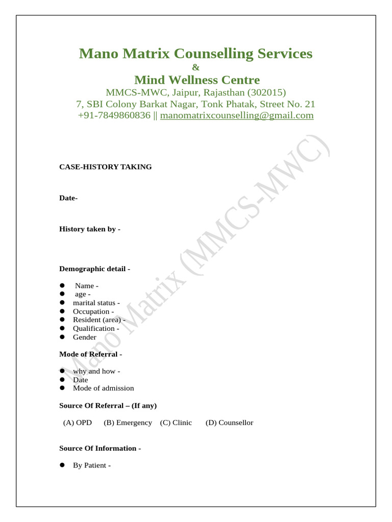 Case History Taking Format Mano Matrix | PDF | Mental Health ...