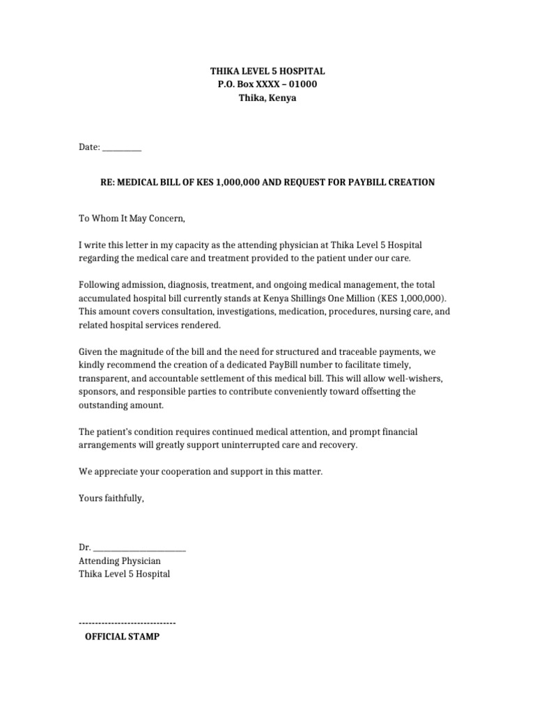 Thika Level 5 Hospital Medical Bill Letter | PDF