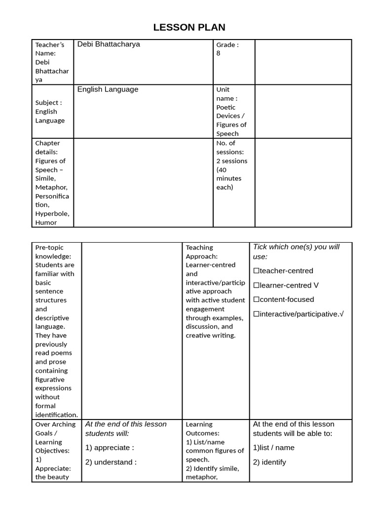 Filled Lesson Plan Figures of Speech Tabled | PDF | Metaphor | Learning