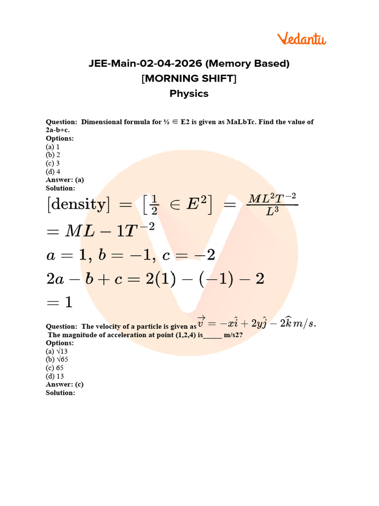 JEE Main 2026 April 2 Shift 1 Question Paper Solutions Analysis OUT ...
