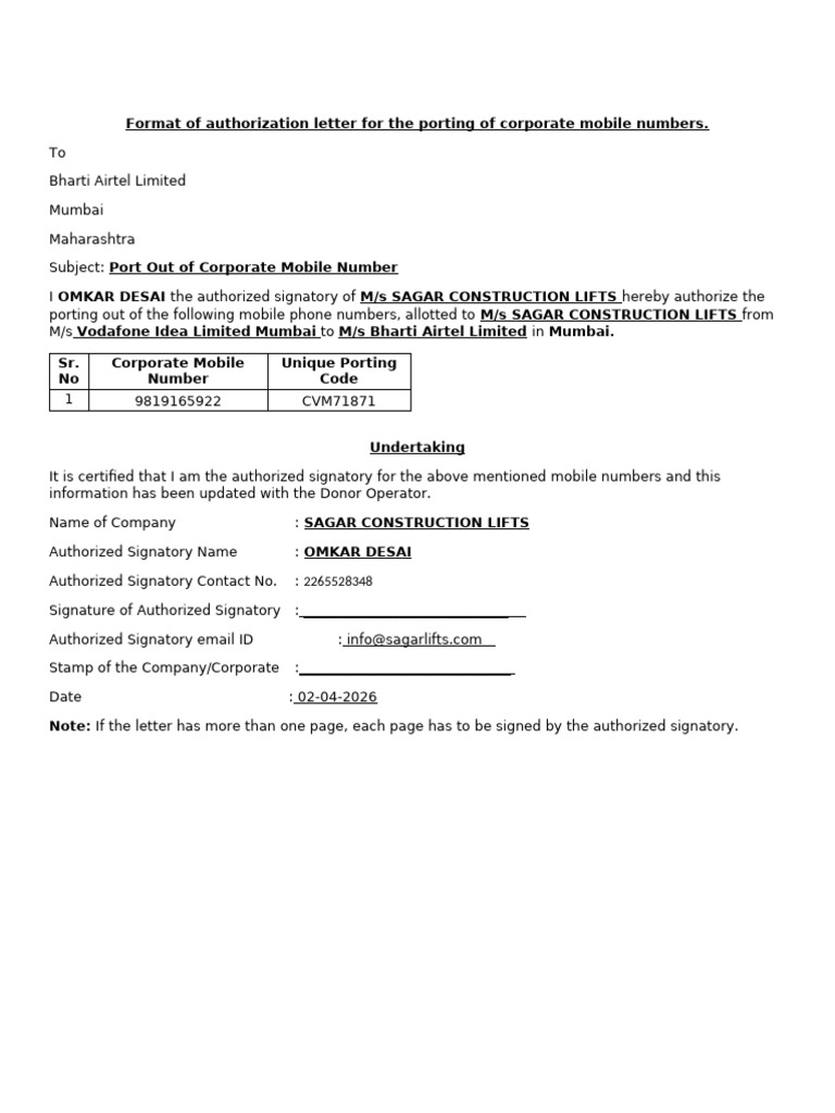 Format - Authorization Letter - Sagar Construction Lifts | PDF