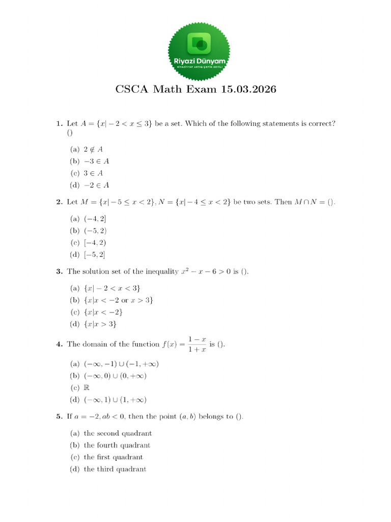 CSCA Math (15 March) With Riyazi Dunyam | PDF