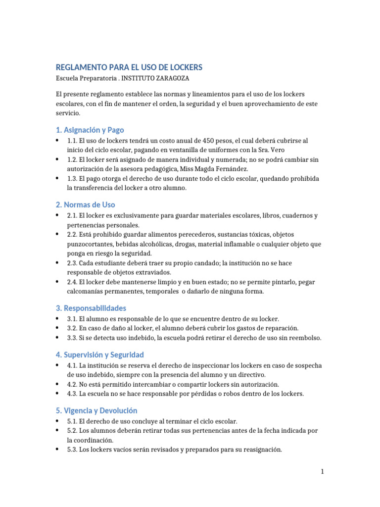 Reglamento Uso de Lockers | PDF