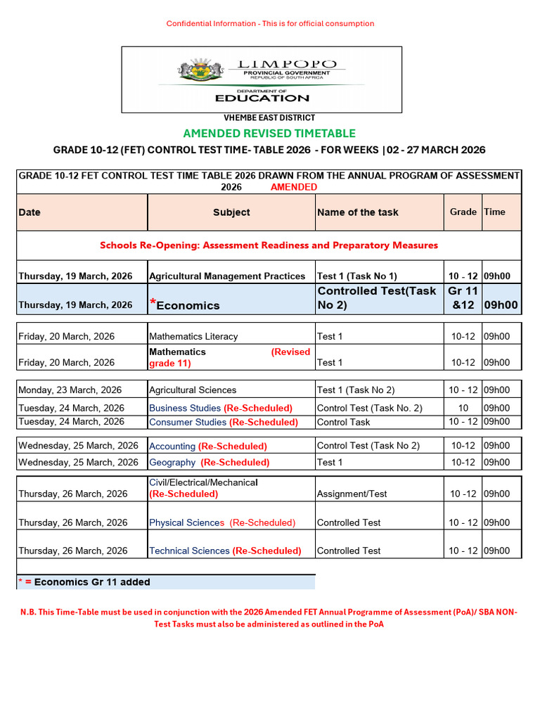 Amended Revised Grade 10-12 (Fet) Control Test Time- Table 2026 - For ...