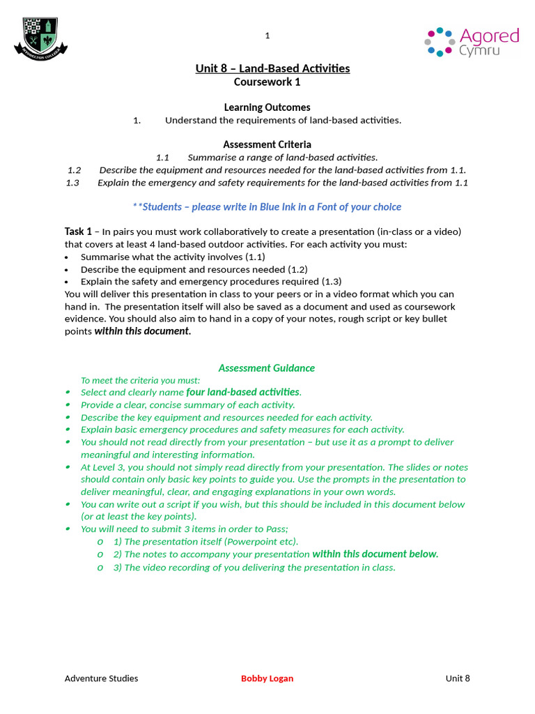 Coursework 1 - Unit 8 (Land)-1 | PDF | Emergency | Personal Protective ...