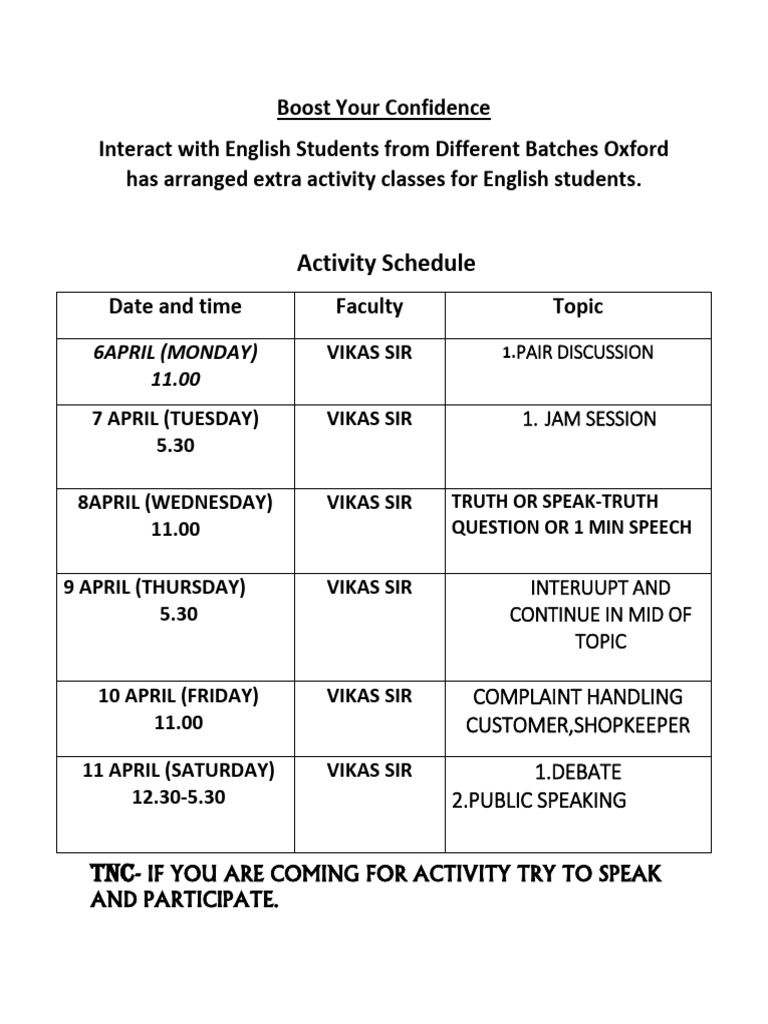 Activity Schedule for Upcoming Week | PDF
