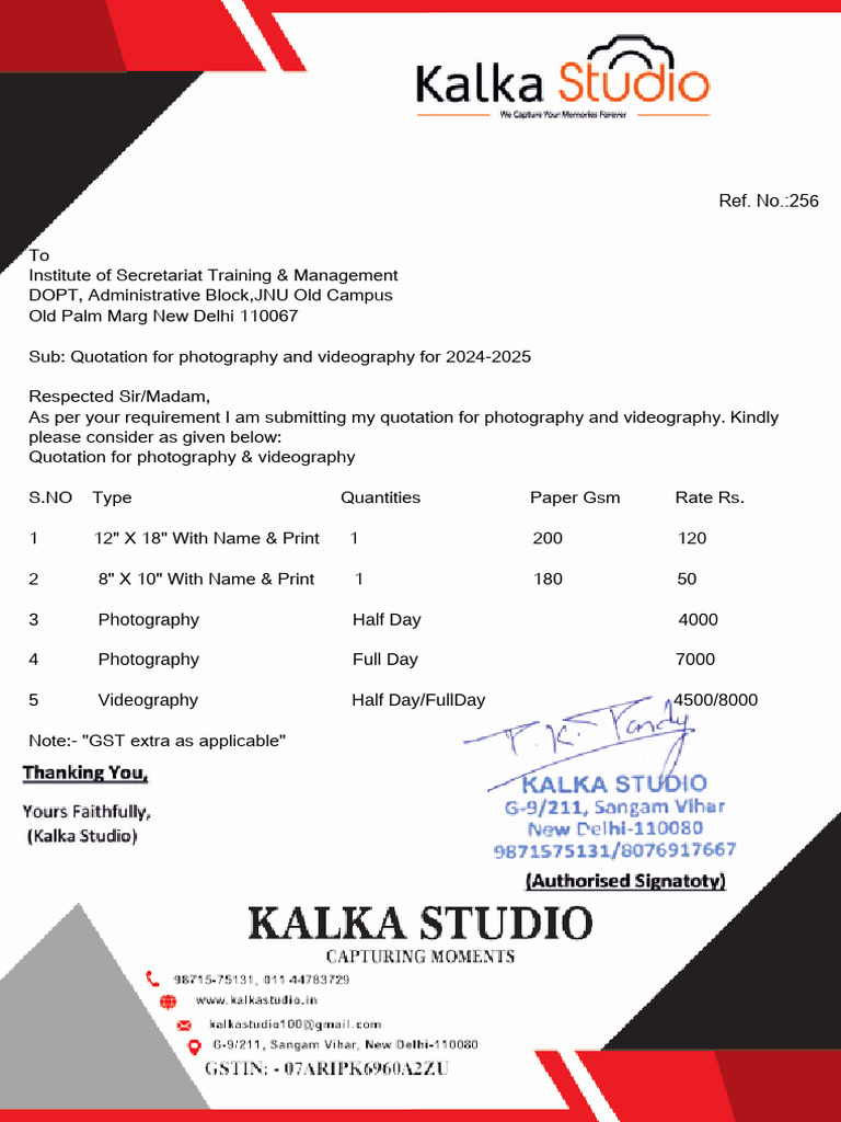 Kalka Studio Rate List | PDF