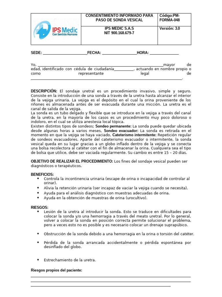 (PM-ForMA-048) Consentimiento Informado Paso de Sonda_V3 (1) | PDF ...