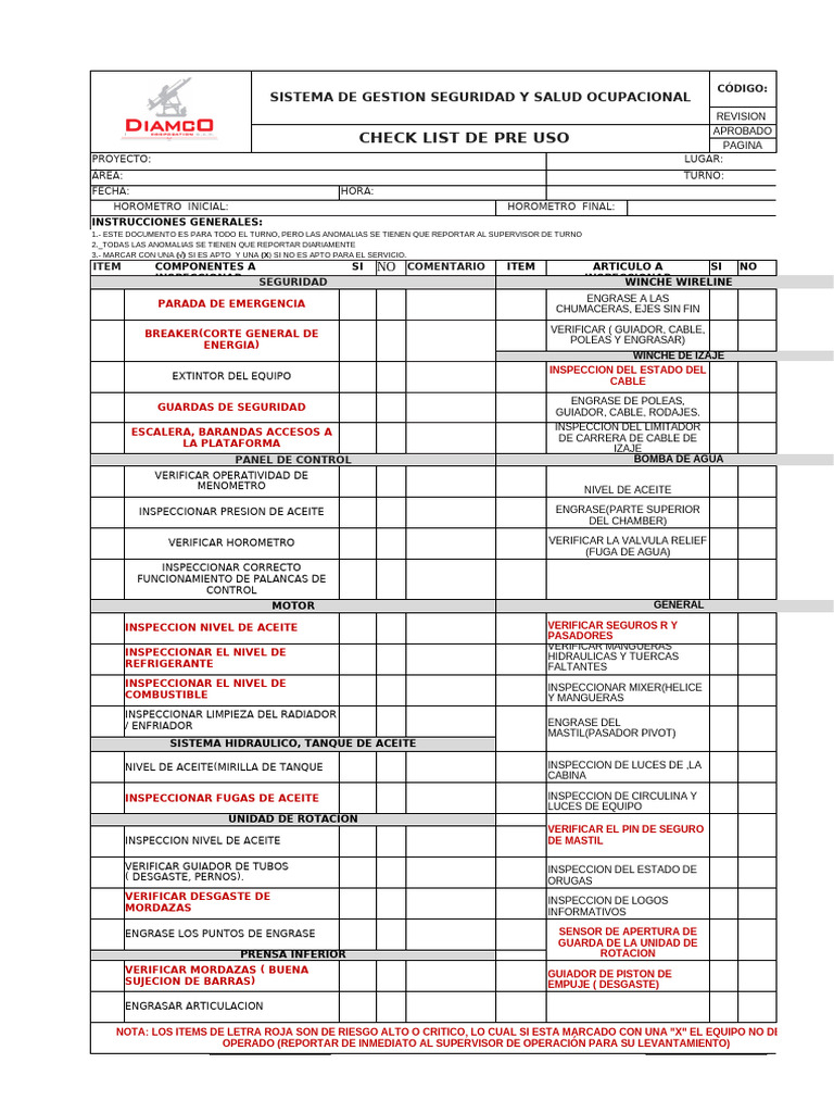Check List Maquina h600 | PDF | Máquinas | Ingeniería mecánica