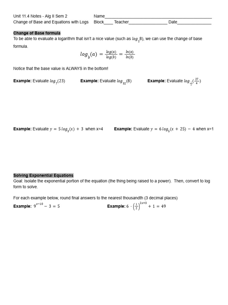11.4 Notes - Change of Base and Log Equations - Google Docs | PDF ...