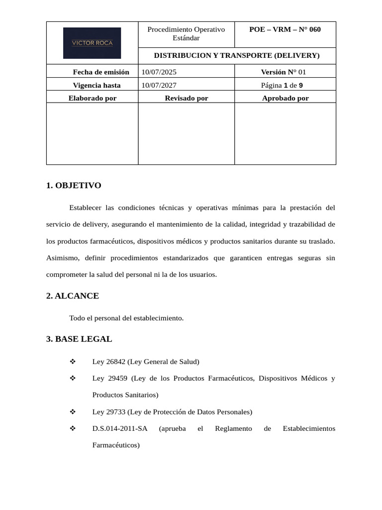 POE – VRM – N° 060 DISTRIBUCION Y TRANSPORTE (DELIVERY) | PDF ...