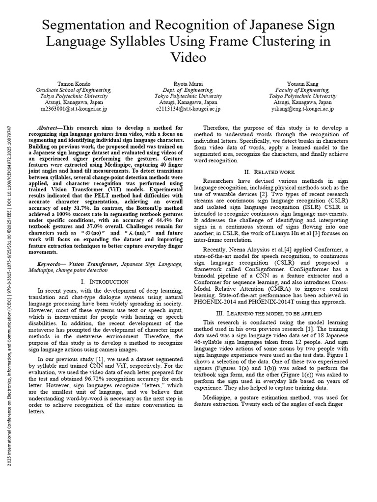 Segmentation and Recognition of Japanese Sign Language Syllables Using ...