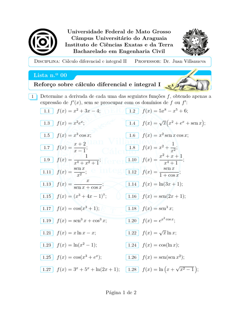 Calculo Diferencial e Integral II - JV Lista 00 2026 1 EC | PDF ...
