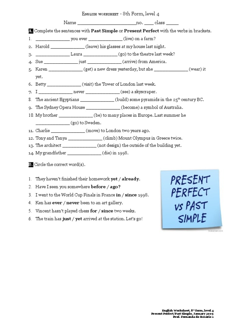 Present Perfect Vs Past Simple Grammar Guide Practice English Esl ...