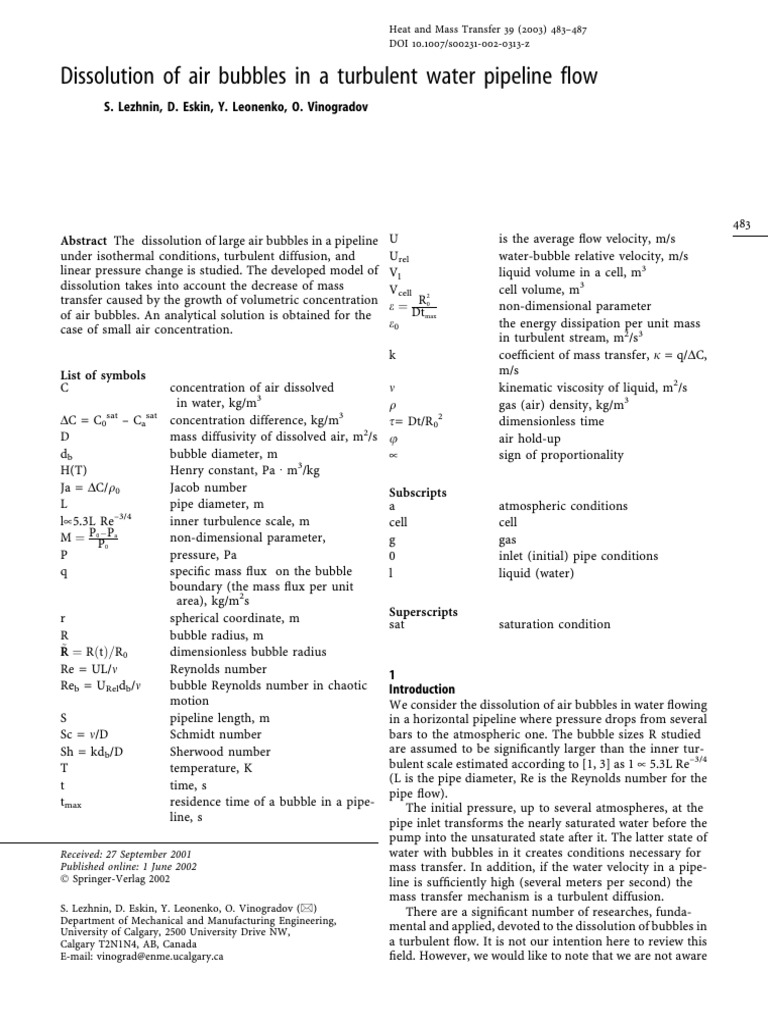 Dissolution of air bubbles in a turbulent water pipeline flow | PDF ...